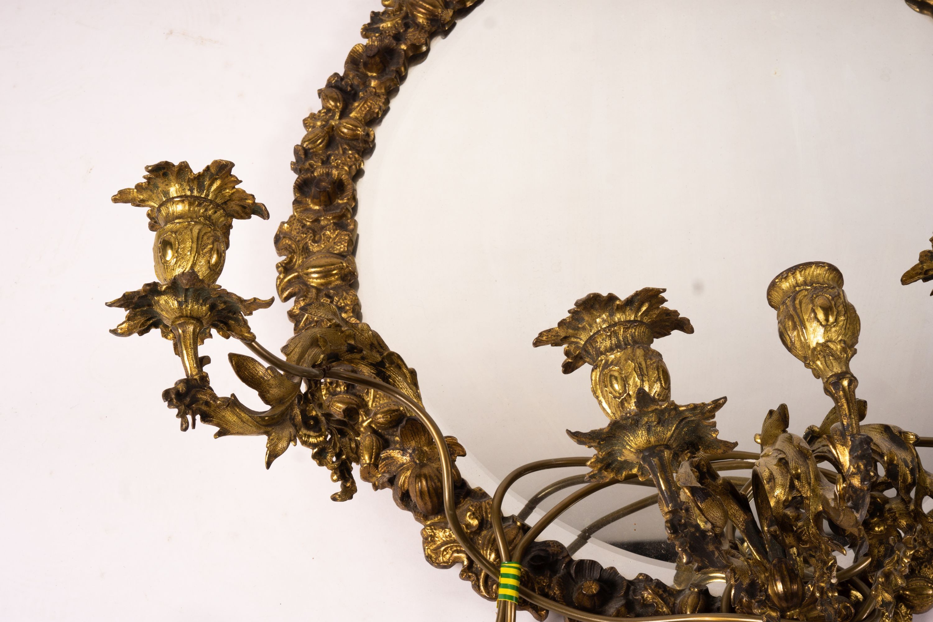 A late 19th century brass five branch girondole, width 64cm, height 84cm